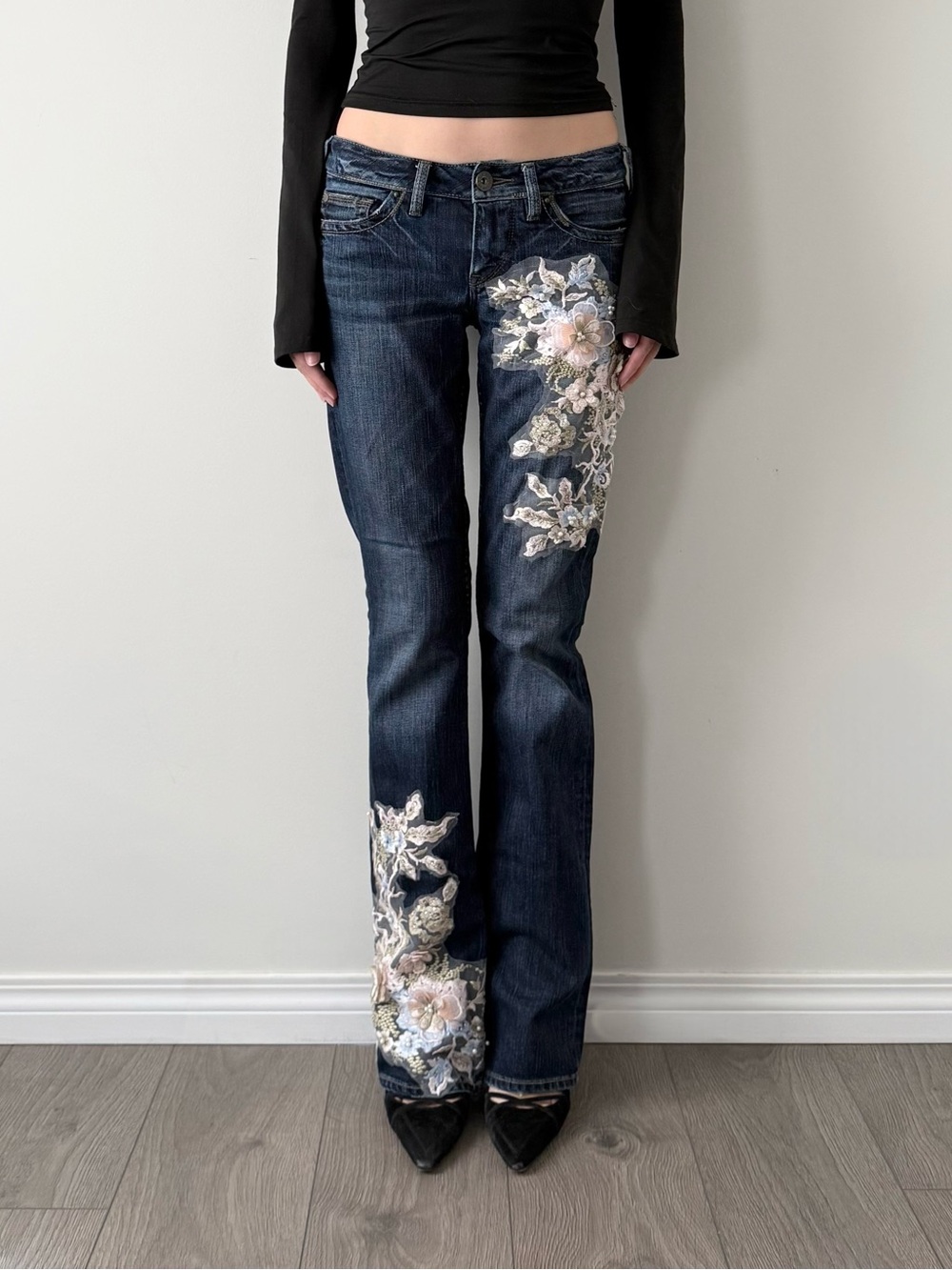 Silver reworked dark wash lace flared jeans